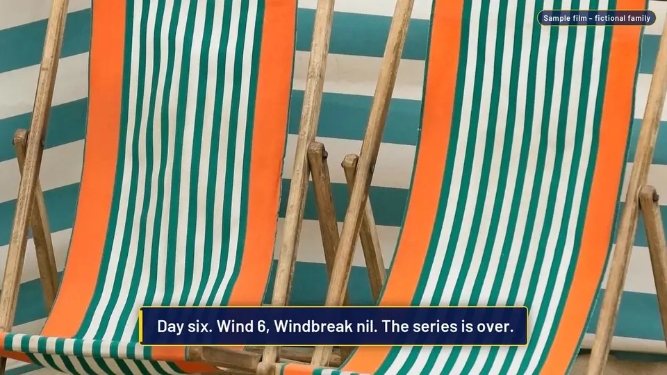 Striped deckchairs in front of a striped windbreak on the sand, captioned: Day six. Wind 6, Windbreak nil. The series is over.