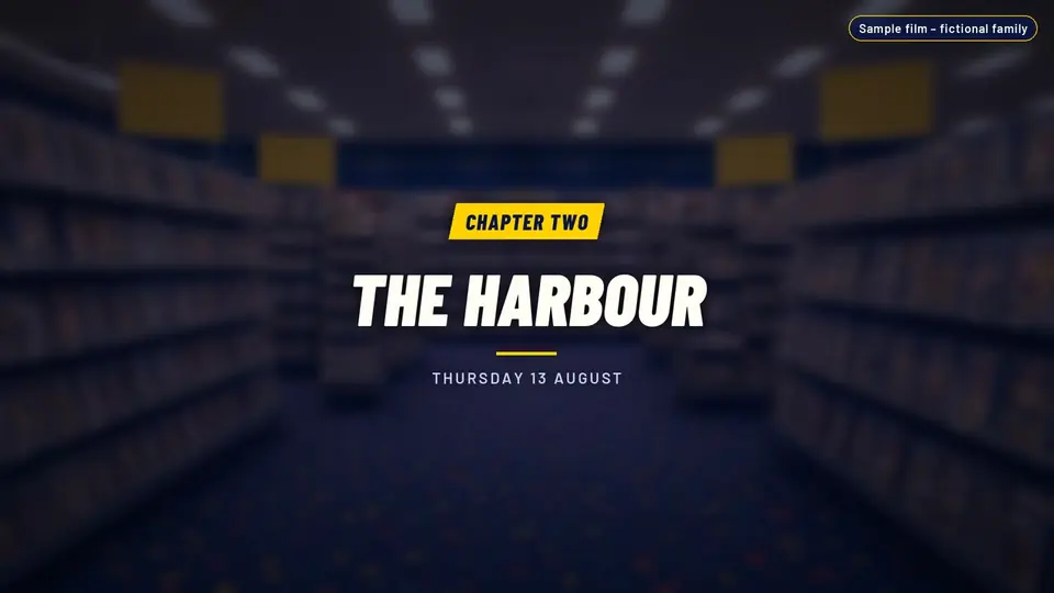 Chapter card in the video shop aisle: Chapter Two, The Harbour, Thursday 13 August