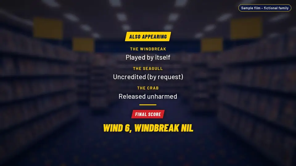 End credits page in the video shop aisle: Also appearing, the windbreak (played by itself), the seagull (uncredited, by request) and the crab (released unharmed), then the final score, Wind 6, Windbreak nil
