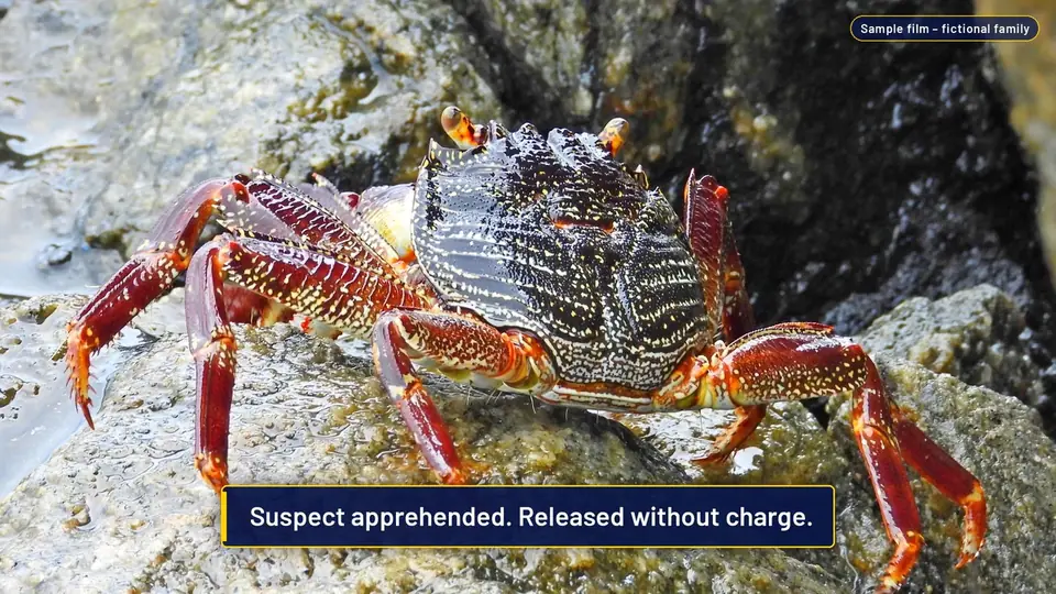 A close-up of a shore crab on wet rocks, captioned: Suspect apprehended. Released without charge.